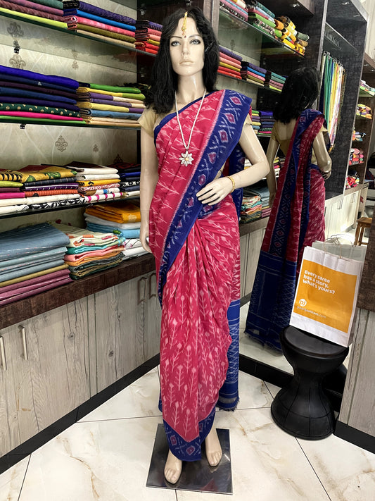 JA25A007 Rose Blue Handloom Pochampally Ikkat Mercerized Cotton Saree