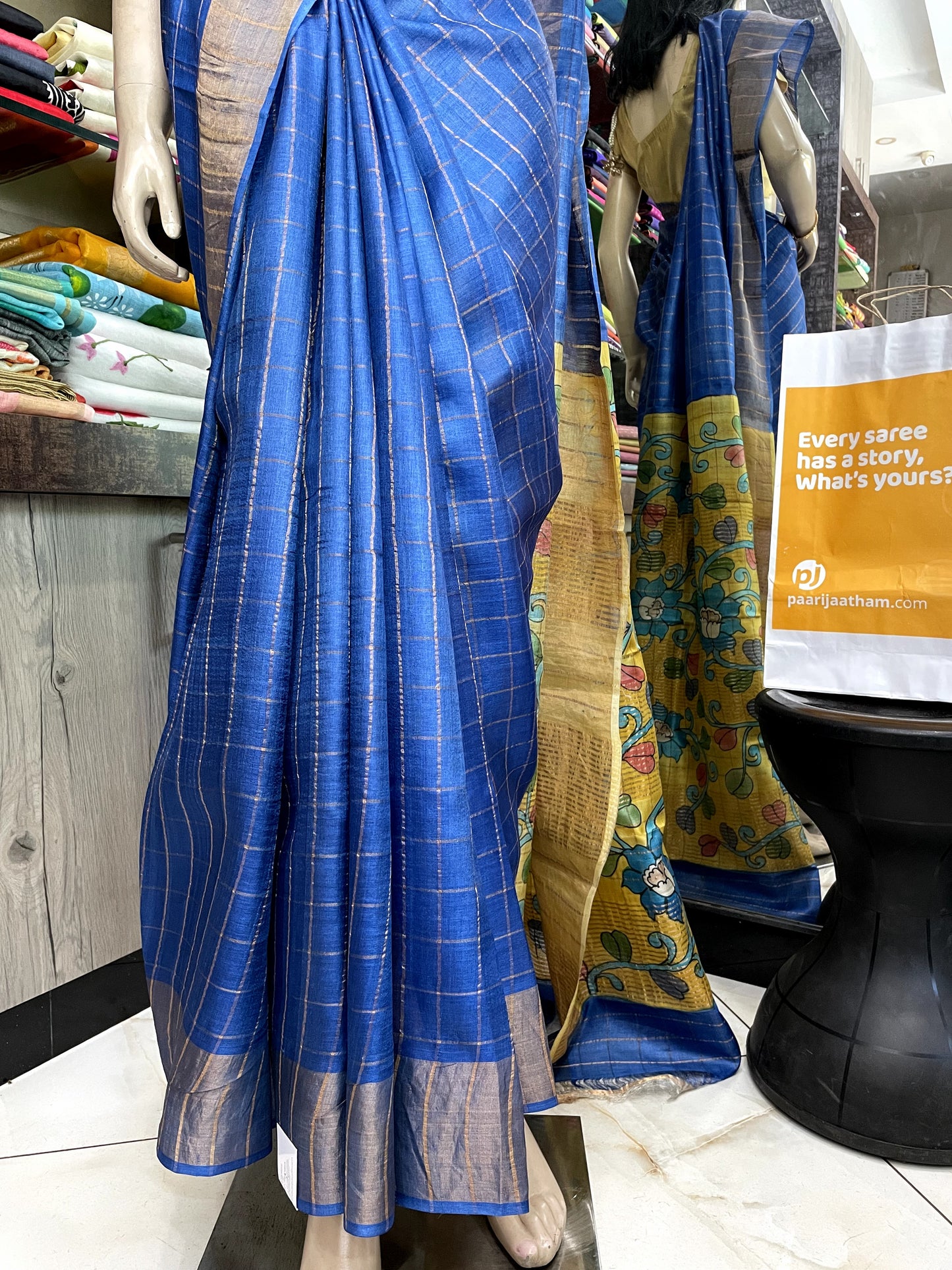 JA25A011 Blue Gold Pure Block Print Tussar Silk Saree