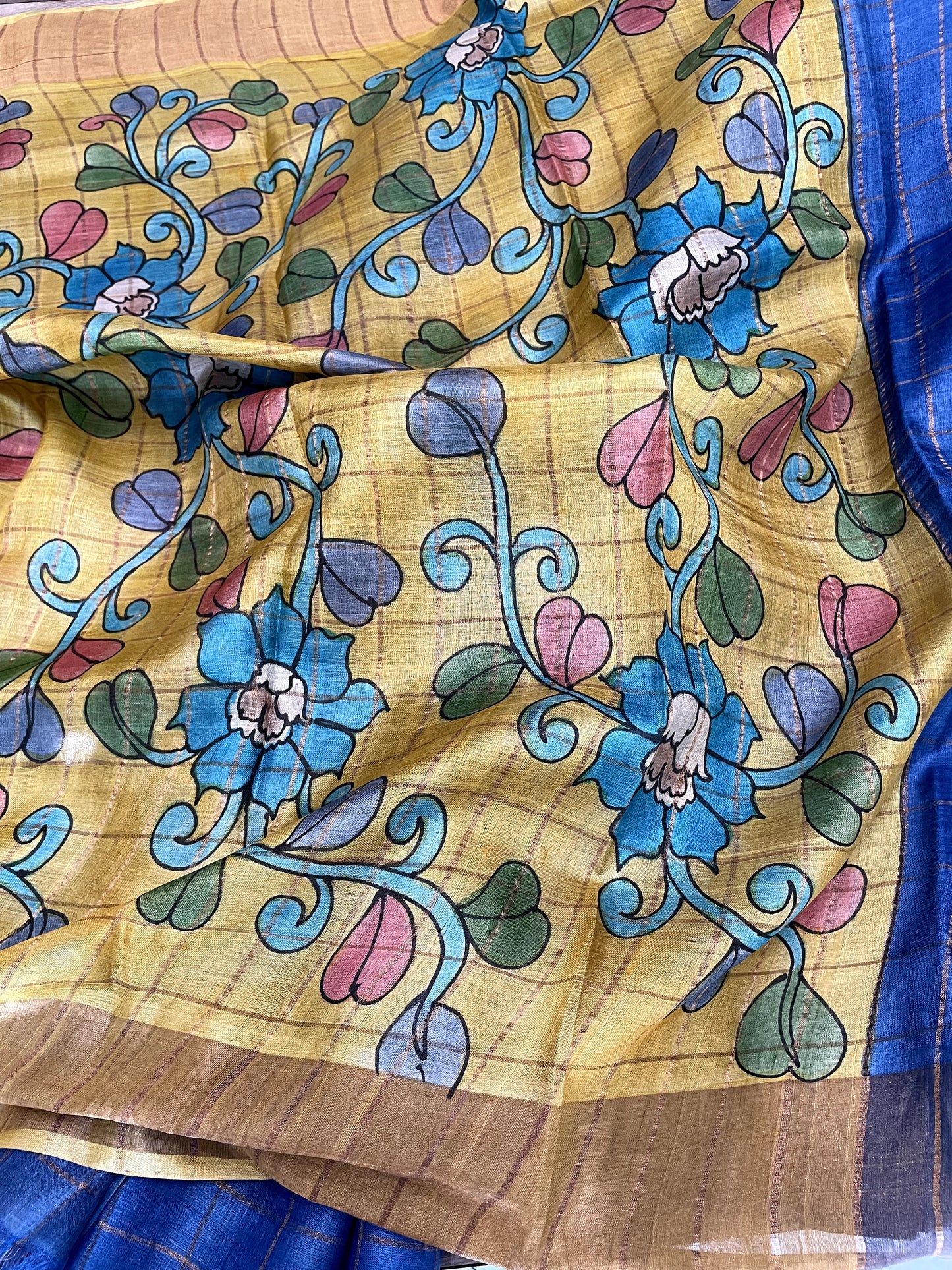 JA25A011 Blue Gold Pure Block Print Tussar Silk Saree