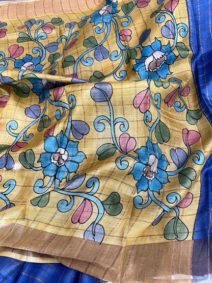 JA25A011 Blue Gold Pure Block Print Tussar Silk Saree