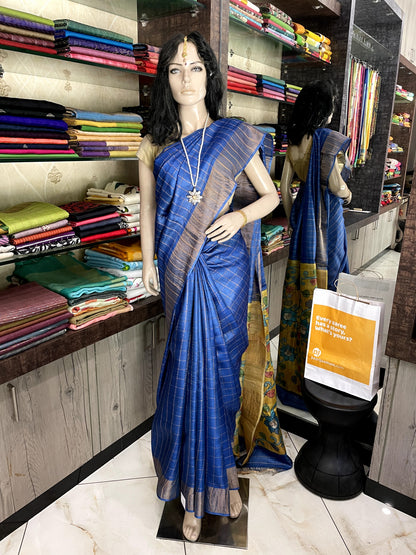 JA25A011 Blue Gold Pure Block Print Tussar Silk Saree