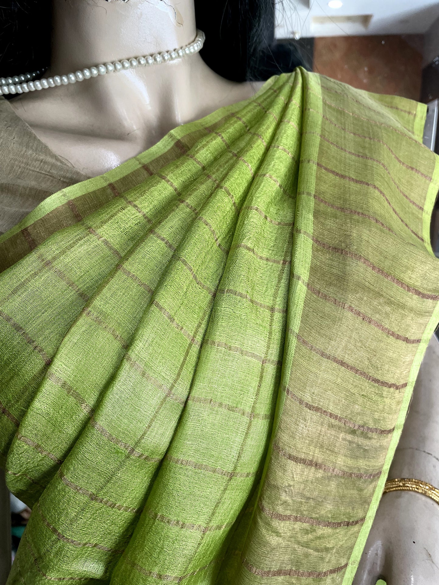 JA25A013 Green Gold Pure Block Print Tussar Silk Saree