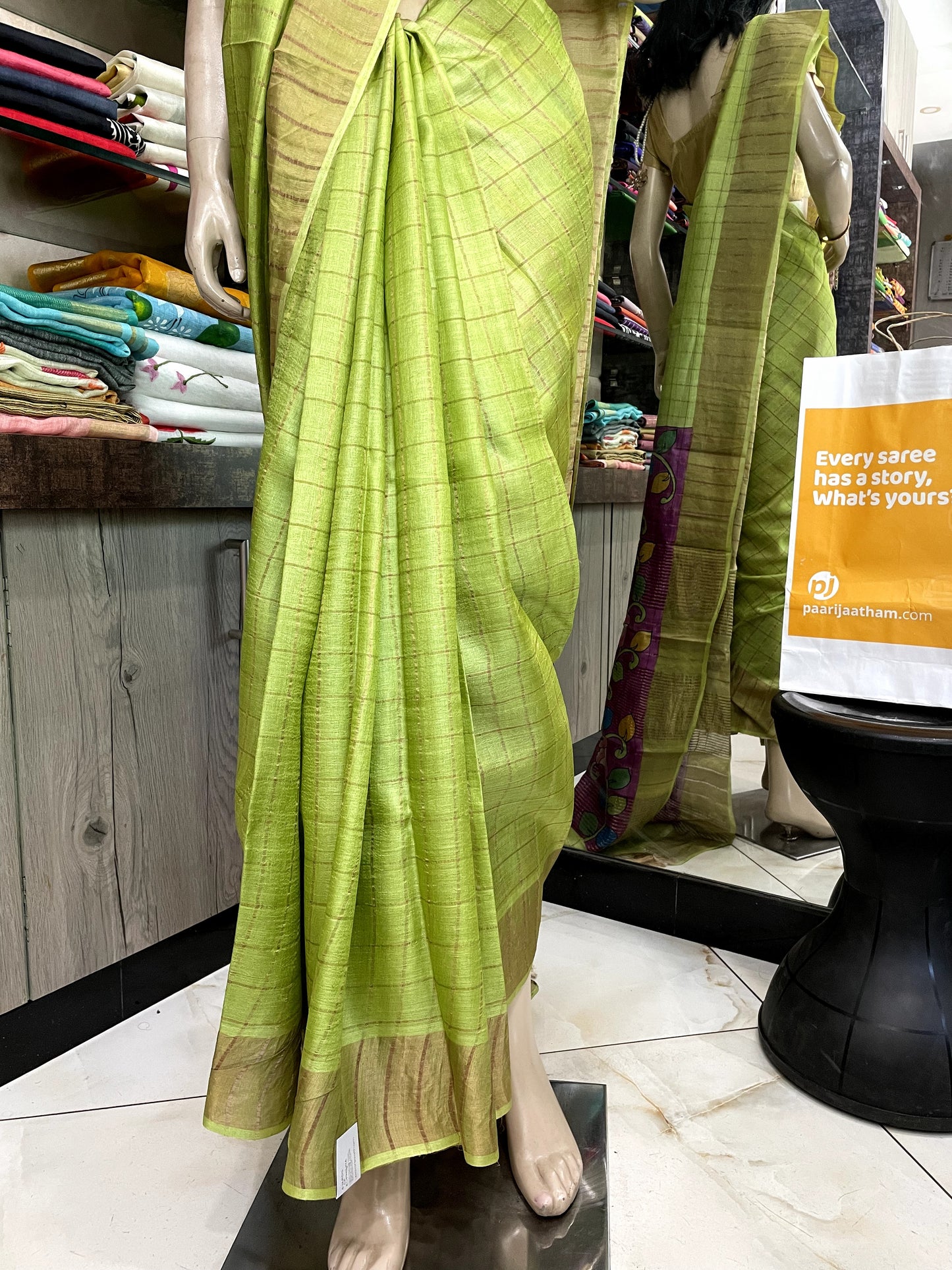 JA25A013 Green Gold Pure Block Print Tussar Silk Saree