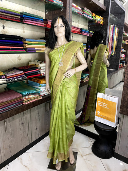 JA25A013 Green Gold Pure Block Print Tussar Silk Saree