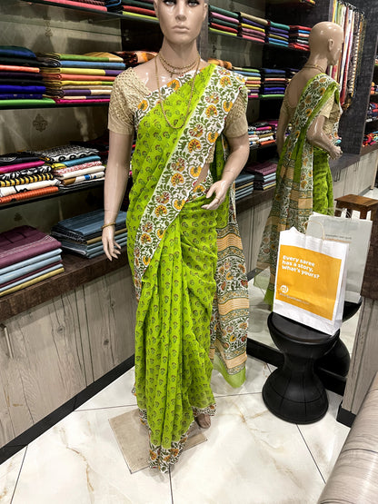 JL24A007 Green White Block Printed Kota Doria Saree