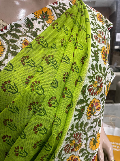 JL24A007 Green White Block Printed Kota Doria Saree