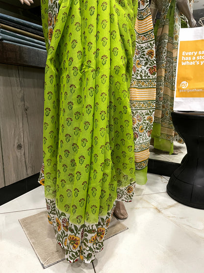 JL24A007 Green White Block Printed Kota Doria Saree