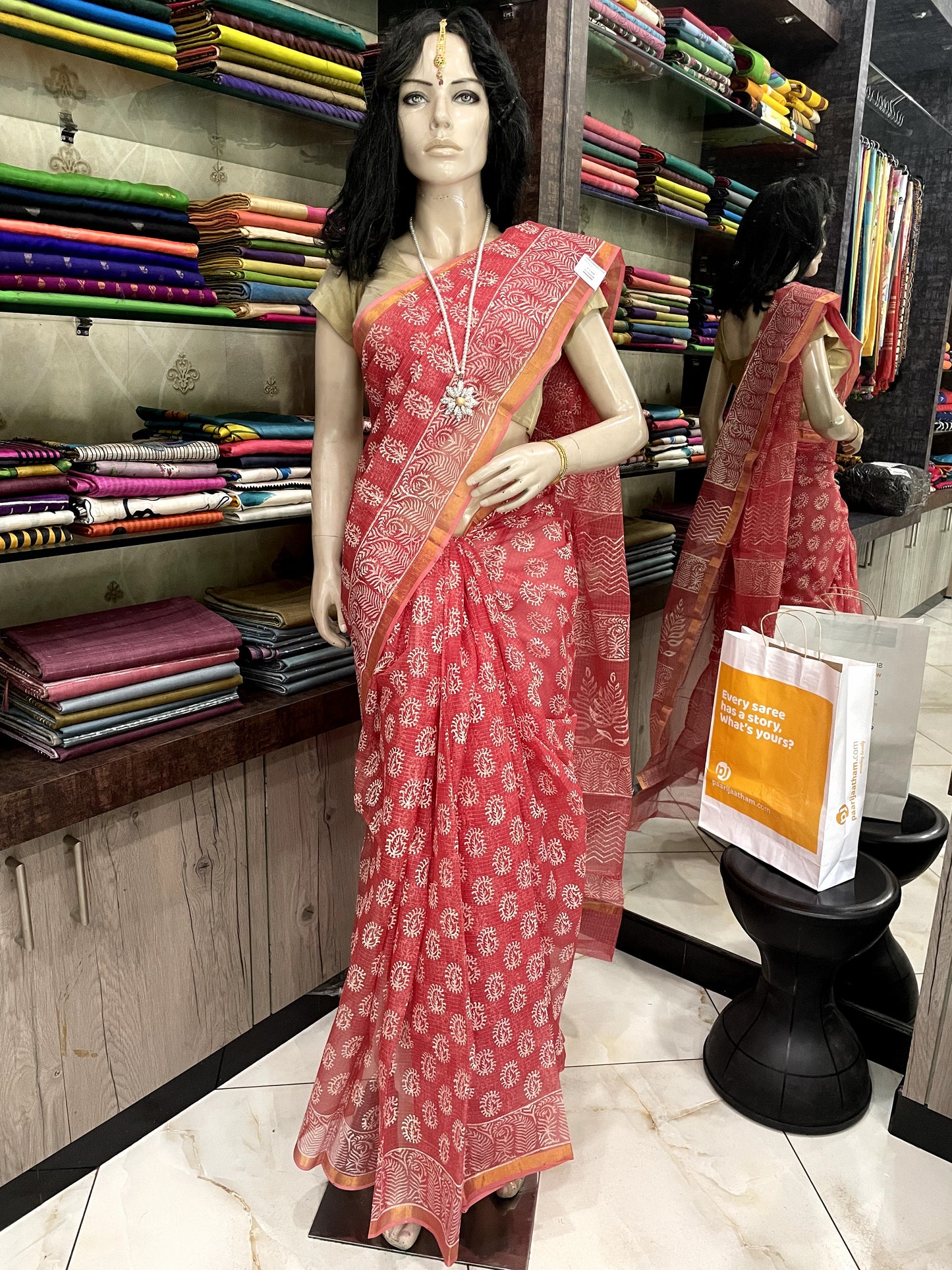 JL24A008 Peach Gold Block Printed Kota Doria Saree