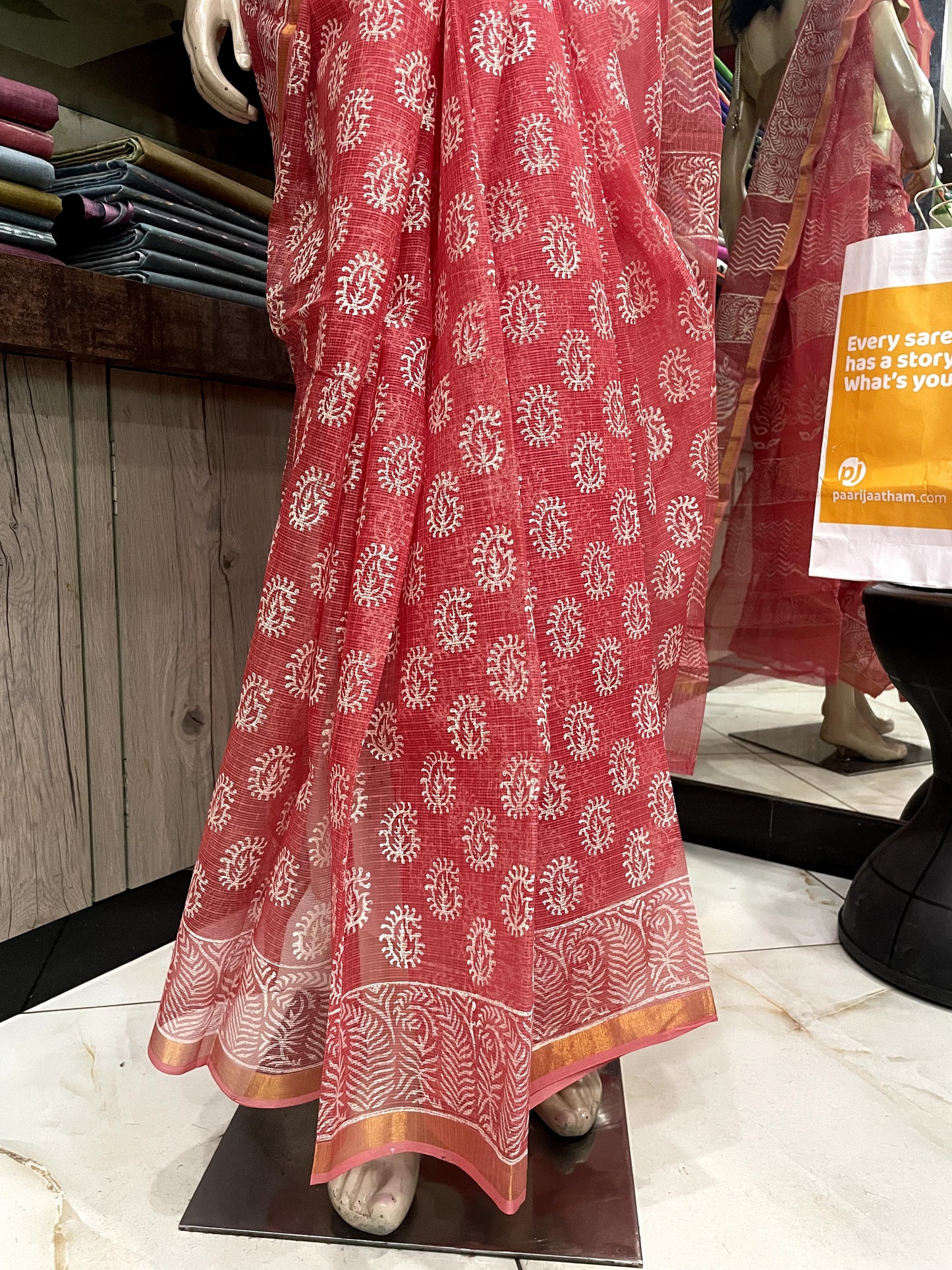 JL24A008 Peach Gold Block Printed Kota Doria Saree