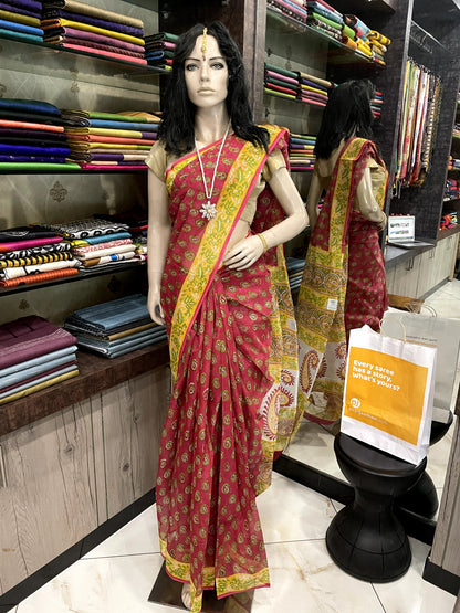 JL24A009 Red Yellow Block Printed Kota Doria Saree