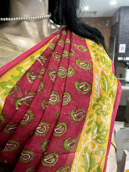 JL24A009 Red Yellow Block Printed Kota Doria Saree