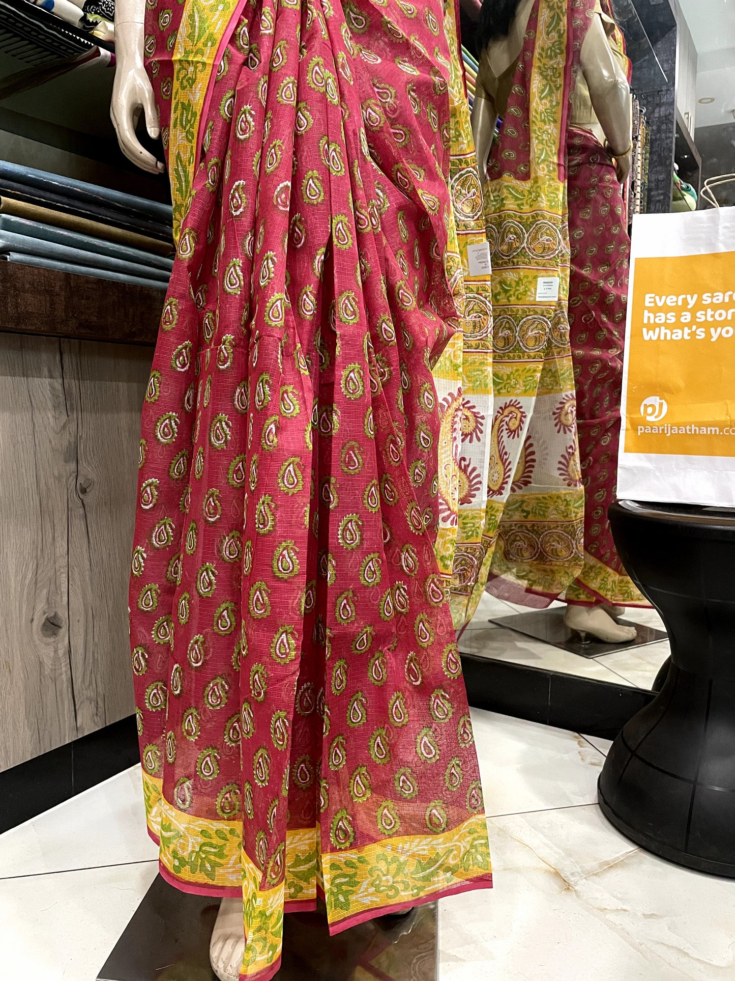 JL24A009 Red Yellow Block Printed Kota Doria Saree