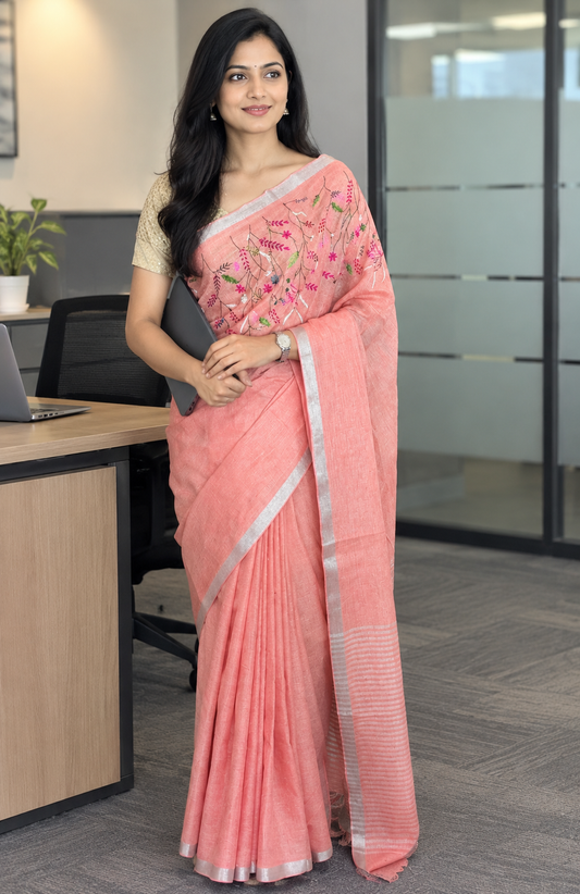 JL26A053 Peach Pink Pure Handloom Linen Embroidered Saree
