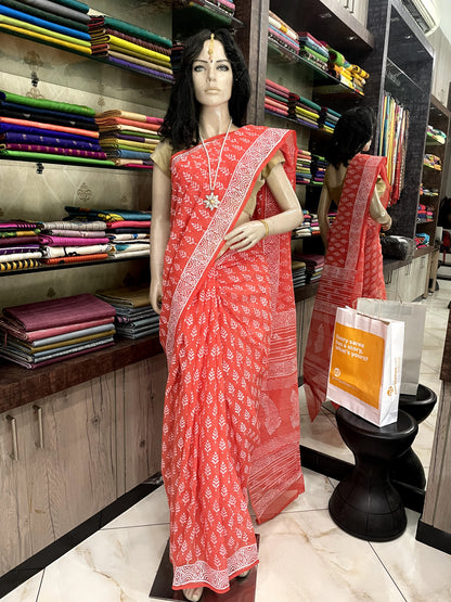 MR23A002 Red White Block Printed Kota Doria Saree