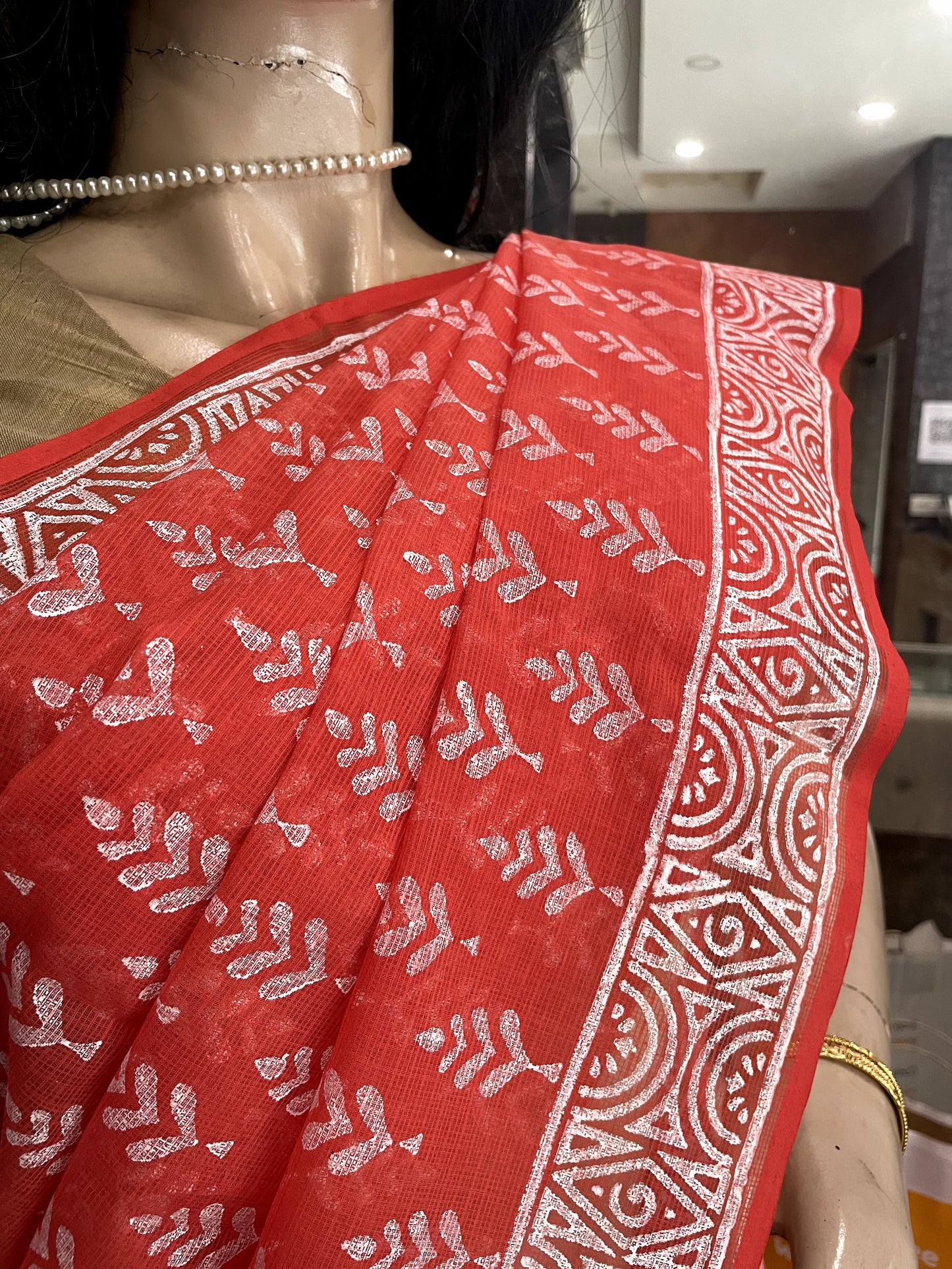 MR23A002 Red White Block Printed Kota Doria Saree