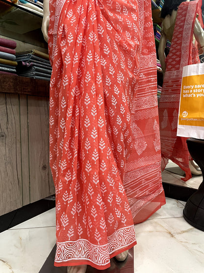 MR23A002 Red White Block Printed Kota Doria Saree