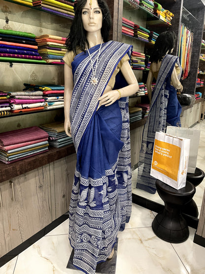 MR23A006 Blue White Block Printed Kota Doria Saree