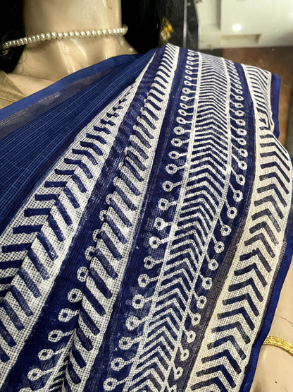 MR23A006 Blue White Block Printed Kota Doria Saree