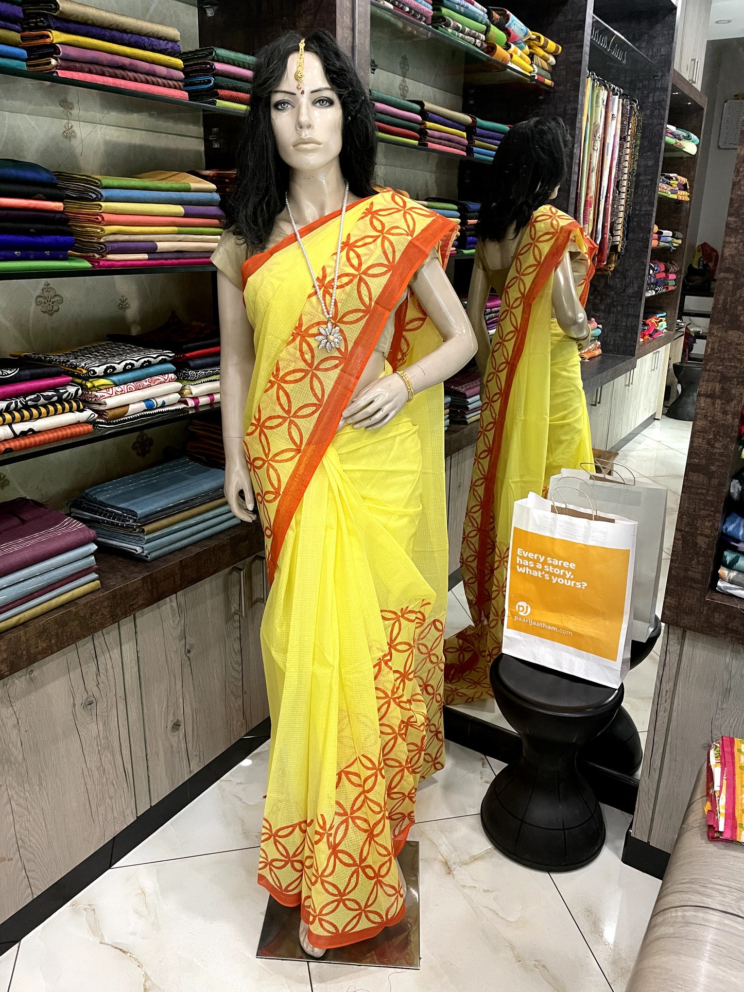 MY20A112 Yellow Red Block Printed Kota Doria Saree