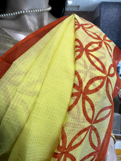 MY20A112 Yellow Red Block Printed Kota Doria Saree