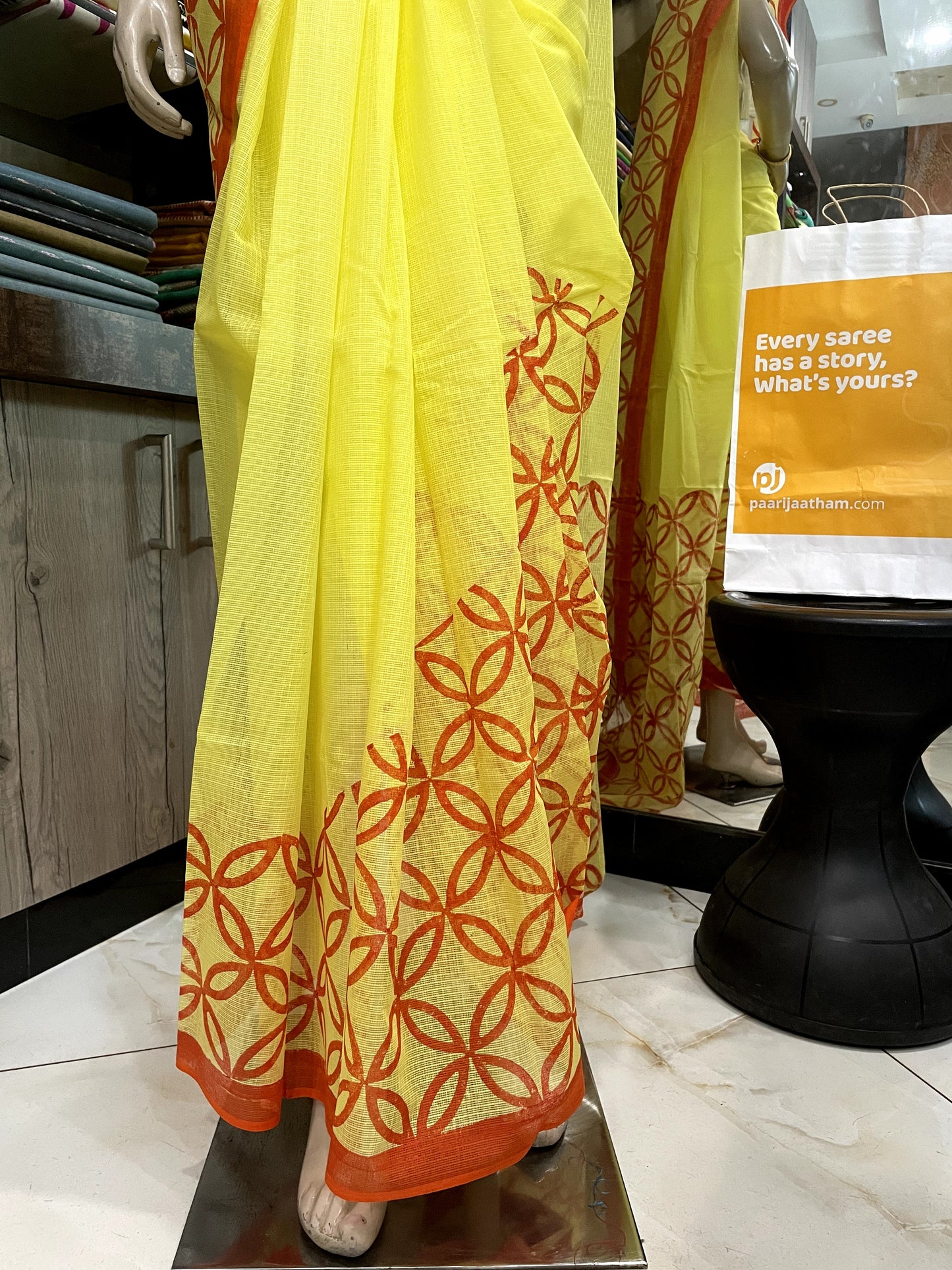 MY20A112 Yellow Red Block Printed Kota Doria Saree