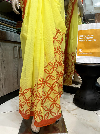 MY20A112 Yellow Red Block Printed Kota Doria Saree