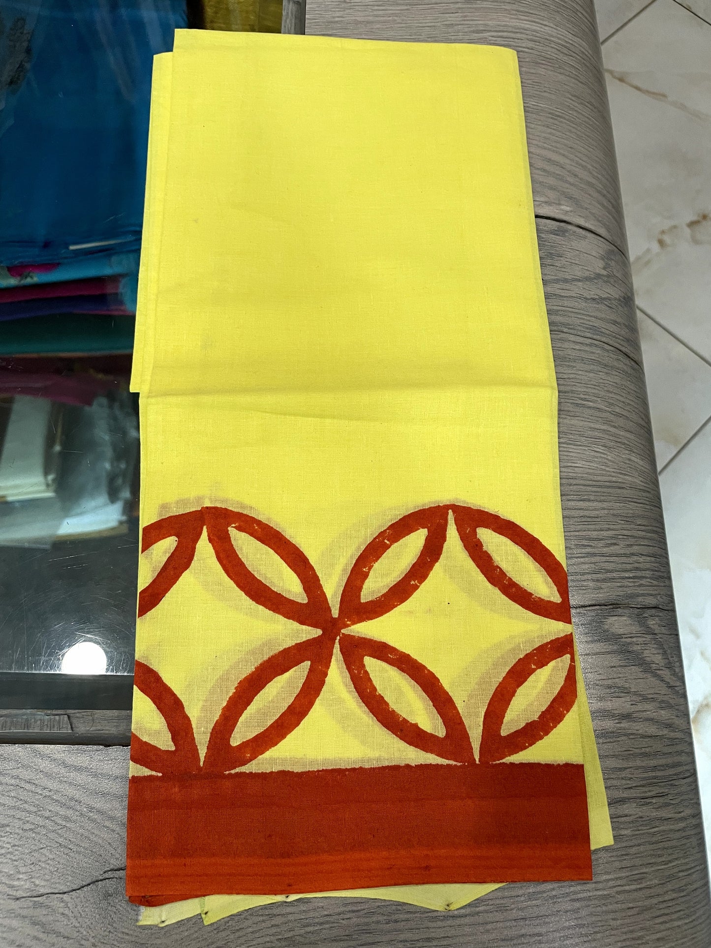 MY20A112 Yellow Red Block Printed Kota Doria Saree