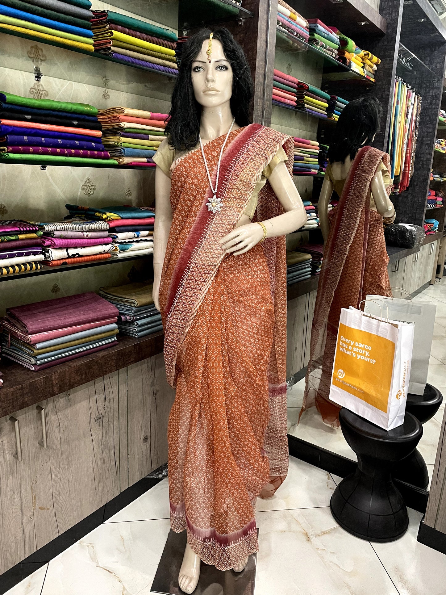 N16A312 Brown White Block Printed Kota Doria Saree