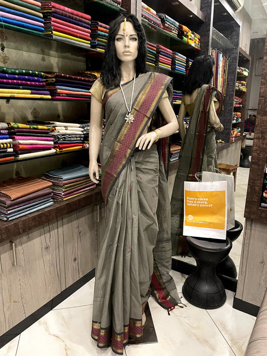 NV24A009 Grey Black Pure Handloom Kanchi Cotton Saree