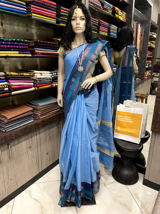 NV24A010 Blue Gold Pure Handloom Kanchi Cotton Saree