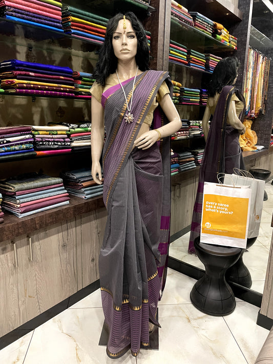 NV24A019 Grey Purple Pure Handloom Mangalgiri Cotton Saree