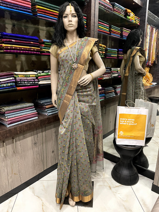 NV24A026 Grey Gold Pure Handloom Mangalgiri Cotton Saree