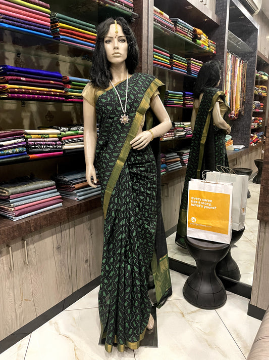 NV24A029 Black Green Pure Handloom Mangalgiri Cotton Saree