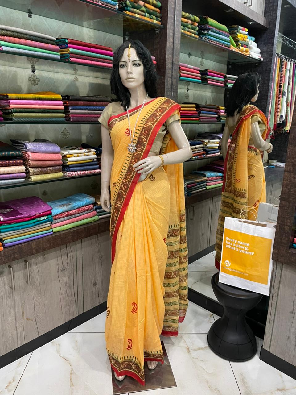 NV24A034 Mustard Orange Blue Block Printed Kota Doria Saree
