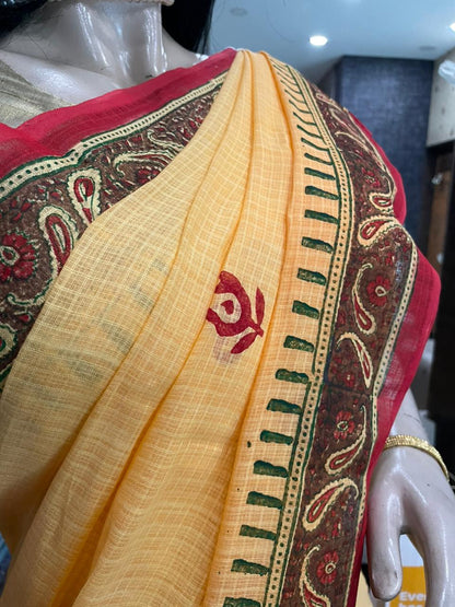 NV24A034 Mustard Orange Blue Block Printed Kota Doria Saree