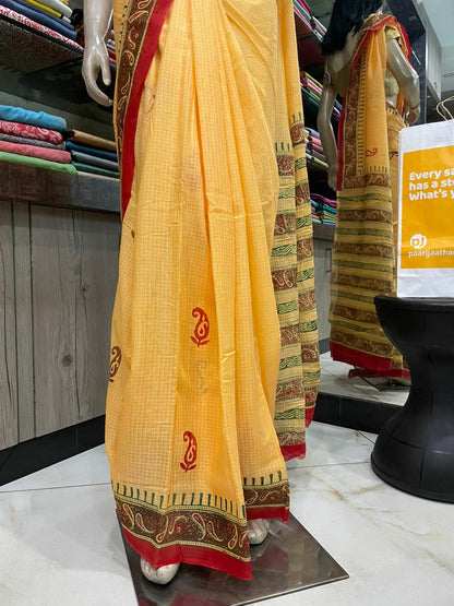 NV24A034 Mustard Orange Blue Block Printed Kota Doria Saree