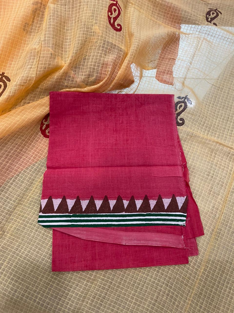 NV24A034 Mustard Orange Blue Block Printed Kota Doria Saree