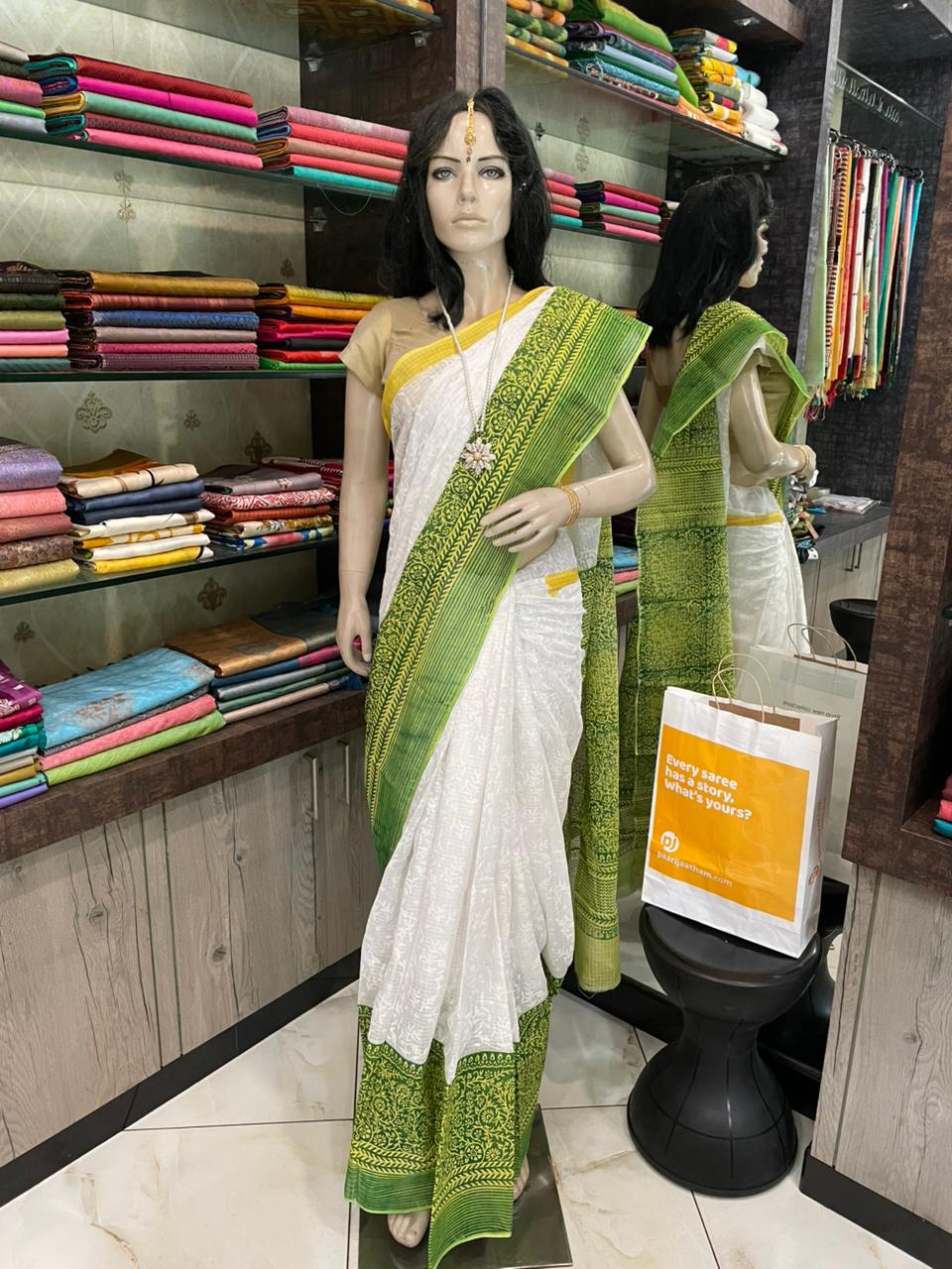 NV24A062 White Block Printed Kota Doria Saree