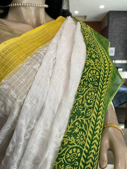NV24A062 White Block Printed Kota Doria Saree