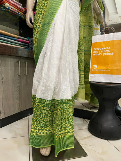 NV24A062 White Block Printed Kota Doria Saree