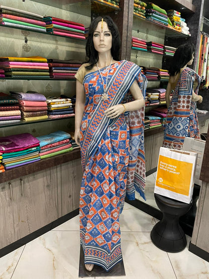 NV24A032 Orange Blue Block Printed Kota Doria Saree