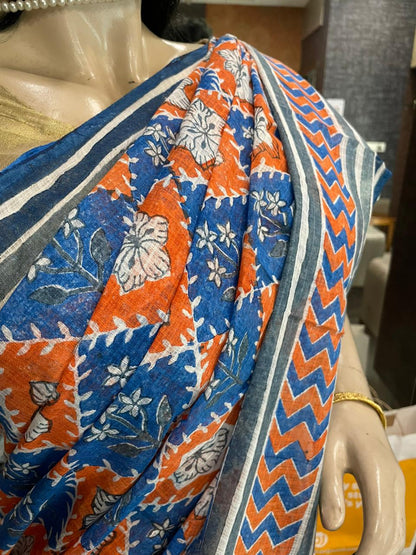 NV24A032 Orange Blue Block Printed Kota Doria Saree