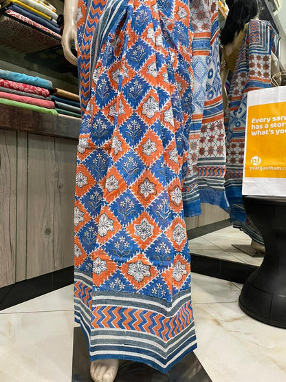 NV24A032 Orange Blue Block Printed Kota Doria Saree