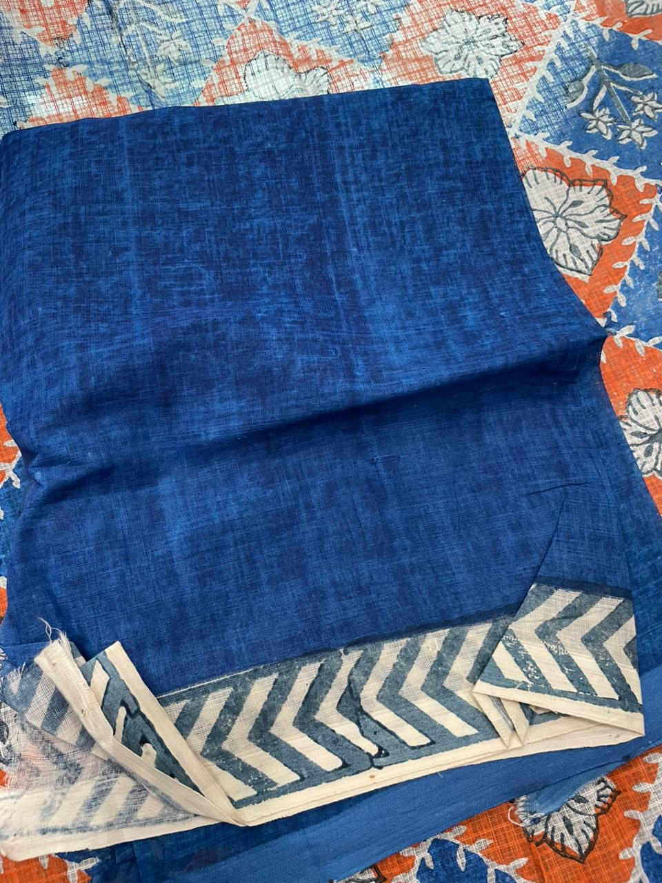 NV24A032 Orange Blue Block Printed Kota Doria Saree