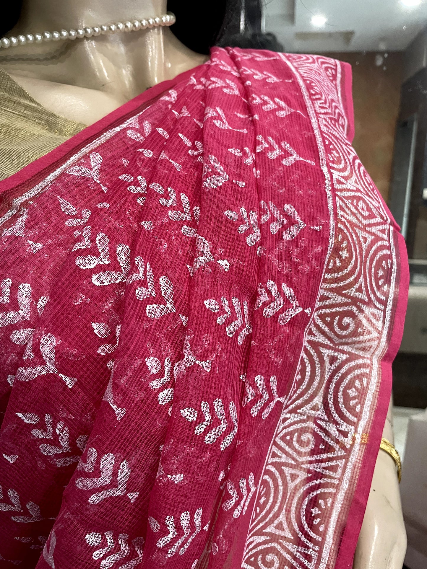 OT23A070 Rose White Block Printed Kota Doria Saree