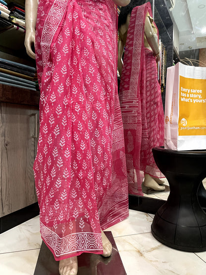 OT23A070 Rose White Block Printed Kota Doria Saree