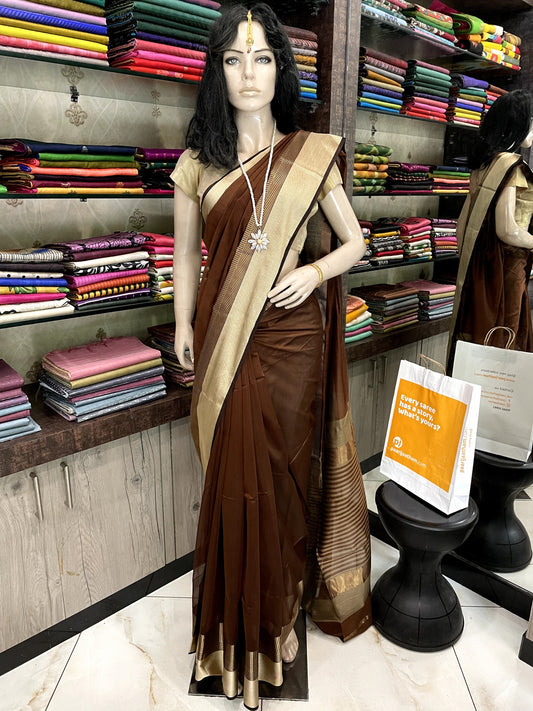 OT24A169 Brown Gold Pure Handloom Maheshwari Silk Saree