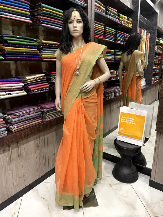 OT24A018 Orange Green Pure Handloom Mangalgiri Cotton Saree