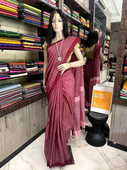 OT24A032 Peach Red Pure Handloom Mangalgiri Cotton Saree