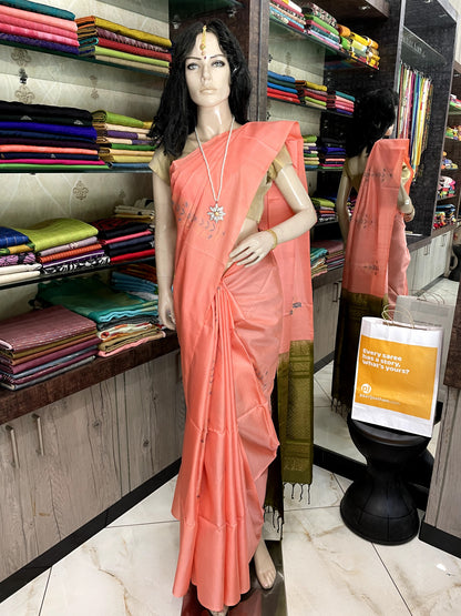 OT24A097 Peach Green Pure Handloom Soft Silk Saree
